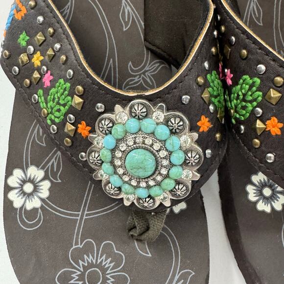 Montana West Wedge Platform Flip Flops Women Size 9 Western Aztec Bling Beaded - Picture 2 of 9